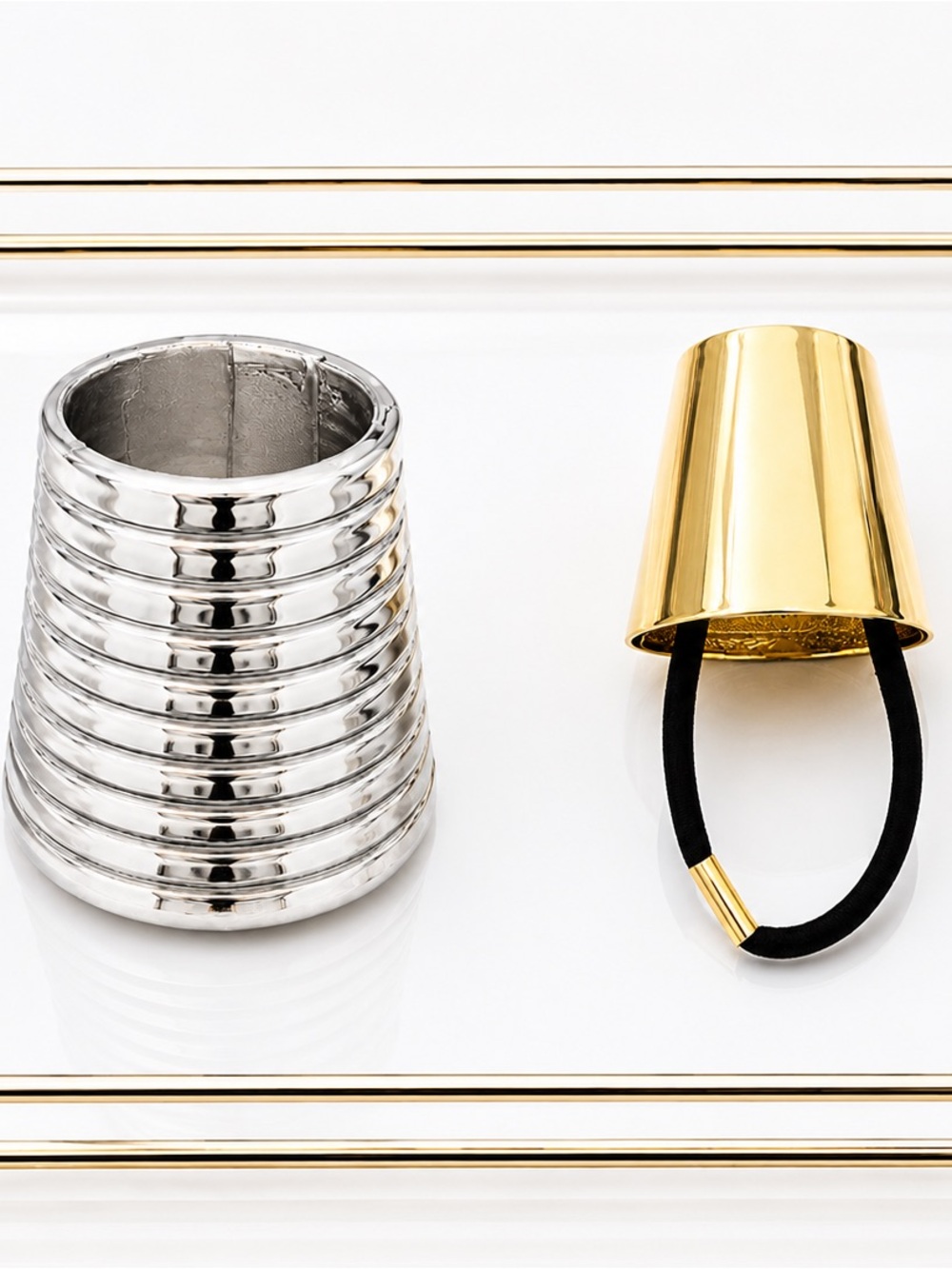 Gold Cup Hair Tie with Silver Stacked Cuff - Sleek Metallic Hair Accessory